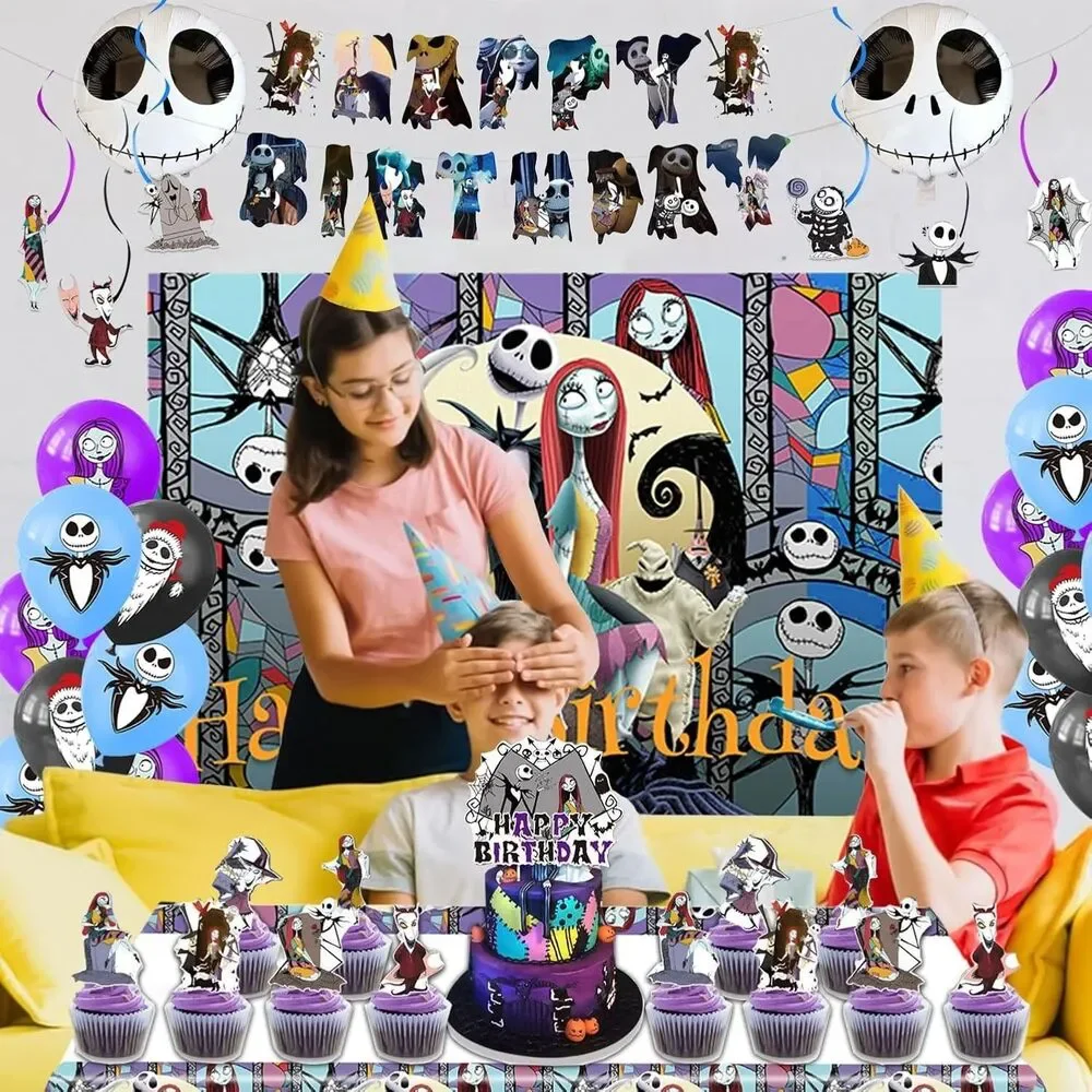 The Nightmare Before Christmas Party Decor Cupcake Toppers Backdrop Tablecloth